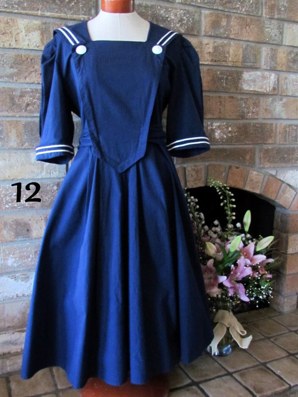 SAILOR DRESS, 12, NAVY & WHITE VINTAGE FIT 'N FLARE PAQUETTE TOO, PUFFED SLEEVES